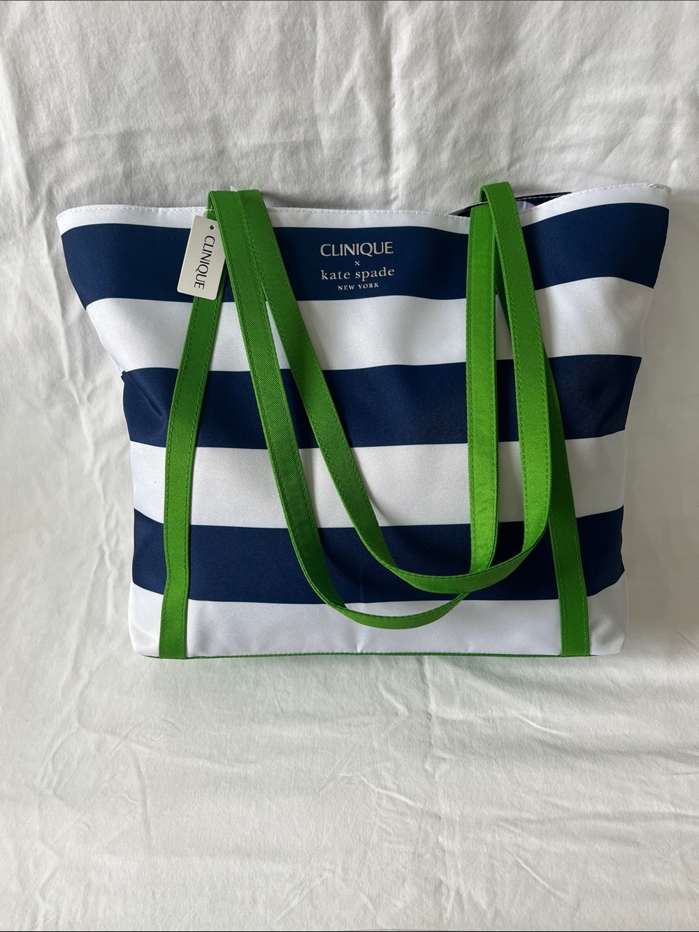 Clinique x Kate Spade New York Navy & White Stripe Tote with Green Handles